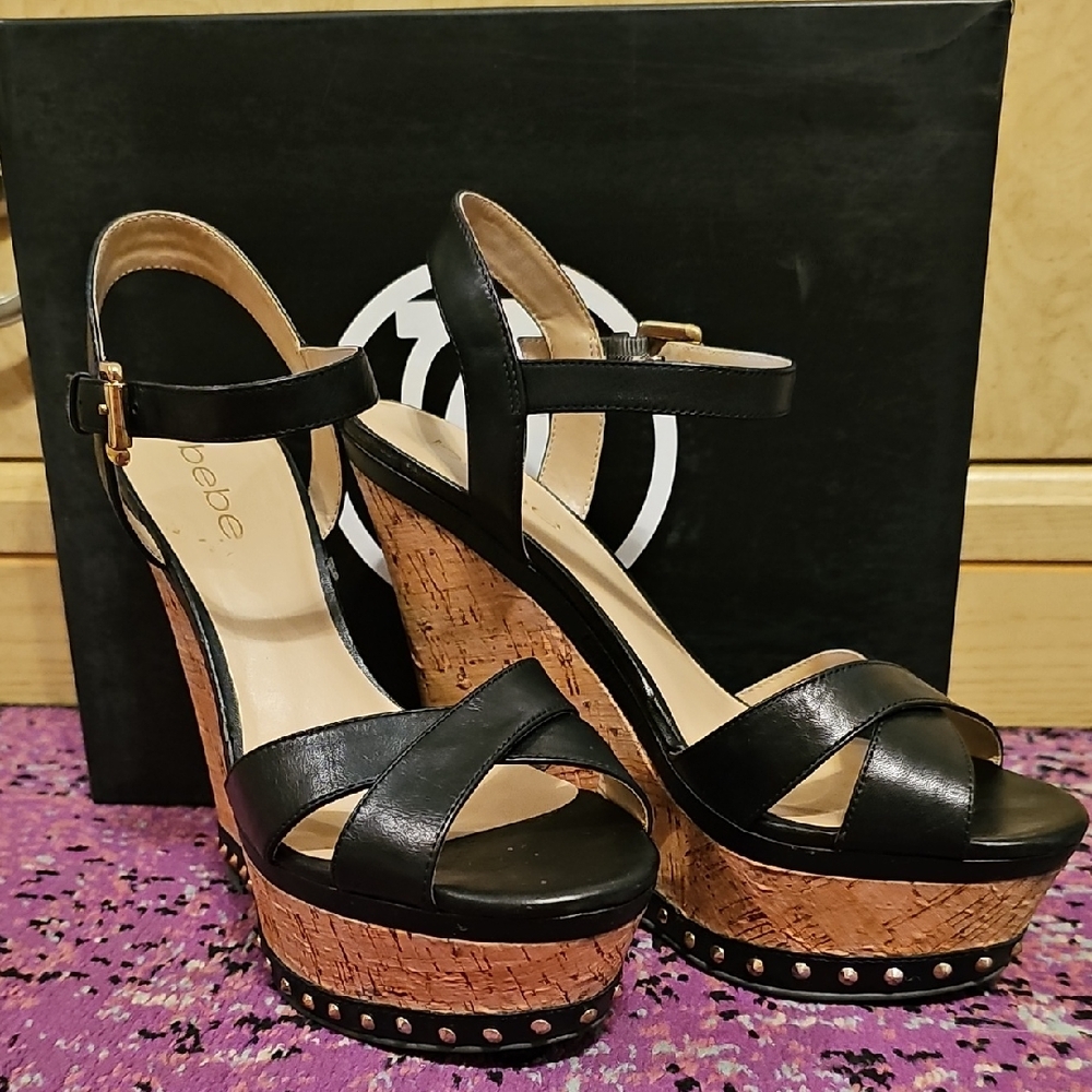 Bebe Black Cork Platform Sandals